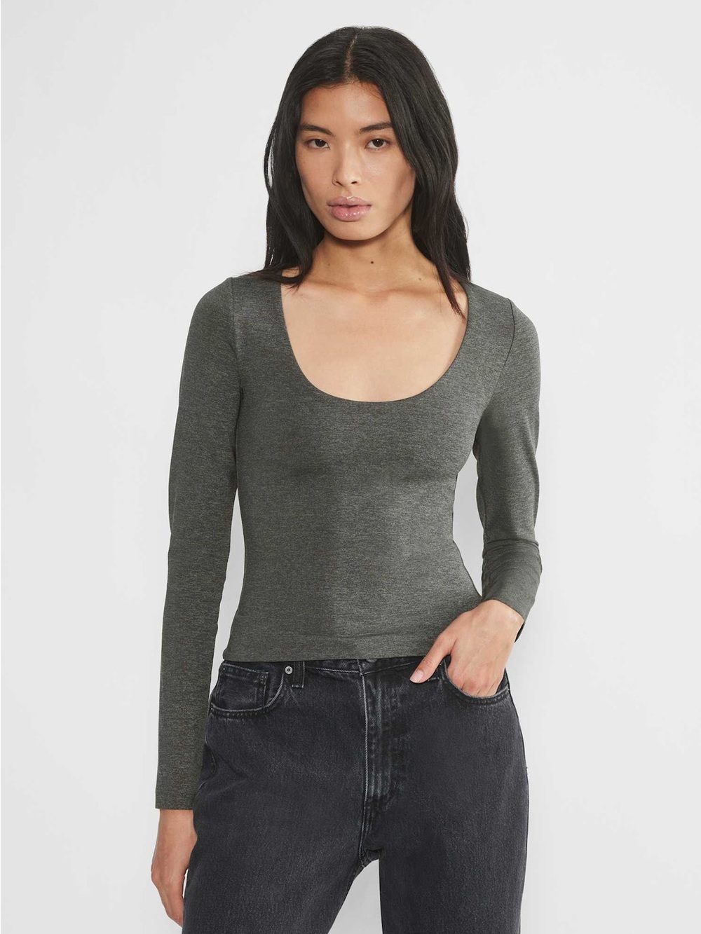 Aritzia Contour Scoop Neck Long Sleeve Stretch Top in Heather Gray Medium New